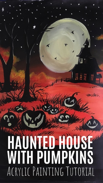 haunted house with pumpkins acrylic painting tutorial Halloween art