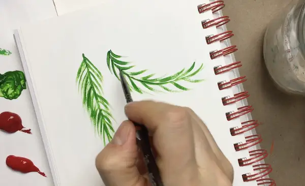 Add pine needles onto the branch christmas wreath pine tree acrylic painting tutorial