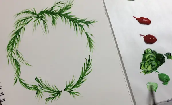 The first layer of branches done christmas wreath pine tree acrylic painting tutorial