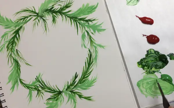 Add lighter color pine branches christmas wreath pine tree acrylic painting tutorial